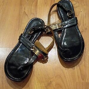 Coach Black Leather T-Strap Sandals with Gold Accent